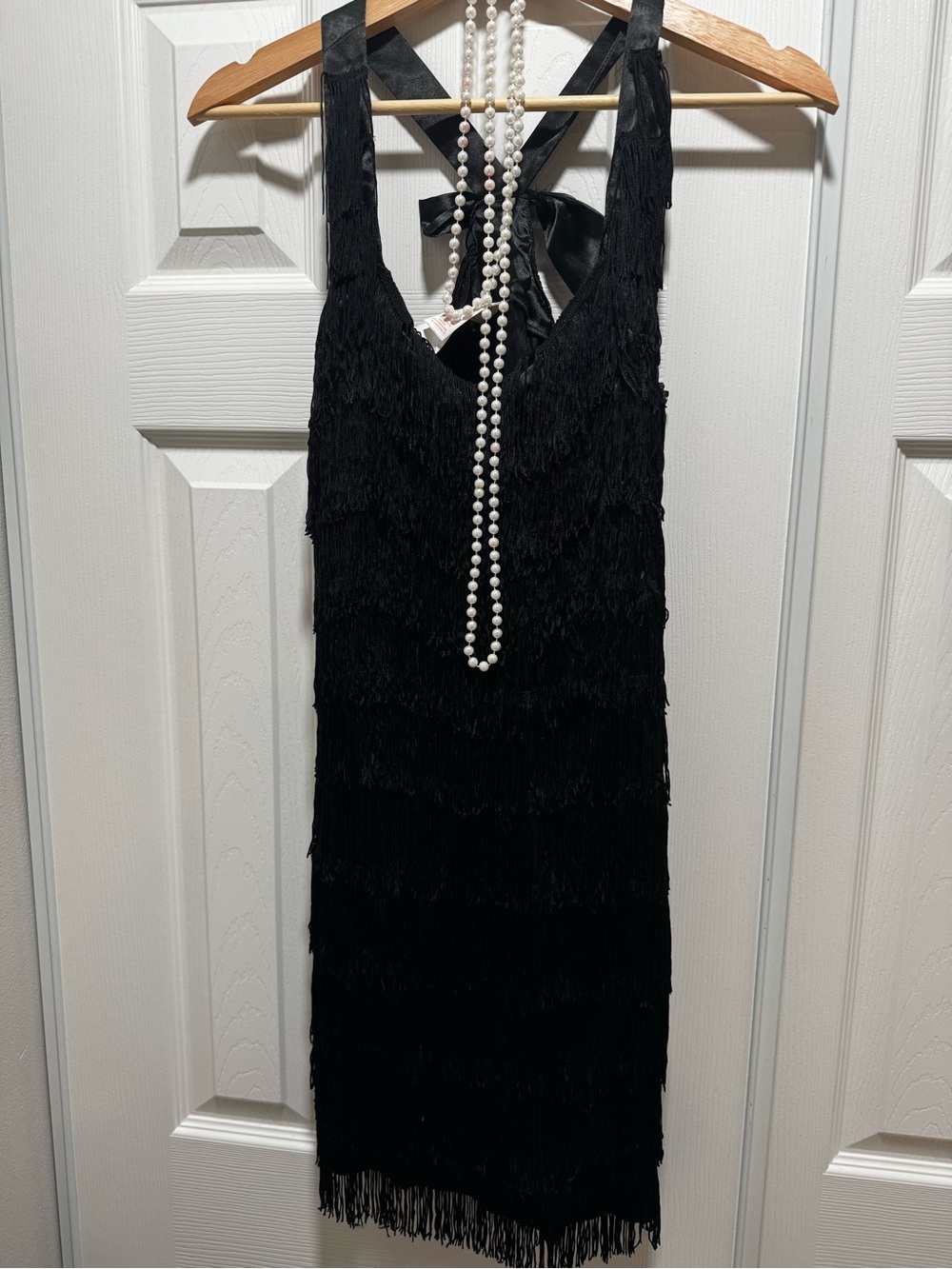 Delicious Black Fringe Midi Dress with Tie-Back Straps Costume